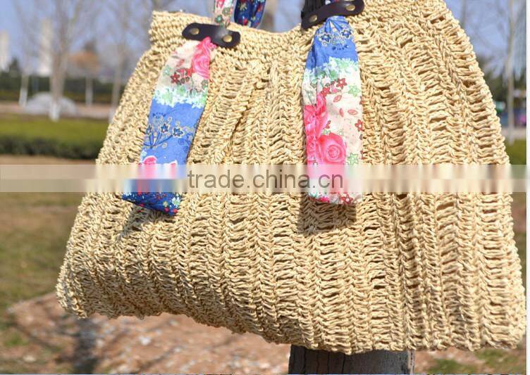 paper straw color women beach tote bag with cloth handle