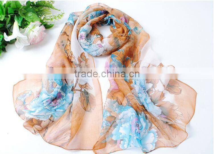 Fashion Spring and Summer Women Sun Shade Shawl Silk Long Scarf Bird Flower Pattern Ladies Scarves Wholesale