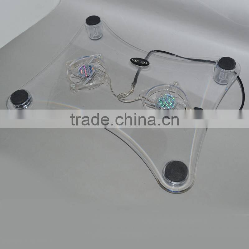 cheap stock selling 2.2mm transparent LAPTOP COOLER COOLING PAD 2 FAN with light FOR LAPTOP Notebook