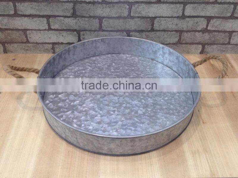 Essential Home Aged Galvanized Metal Serving Tray with Rope Handle