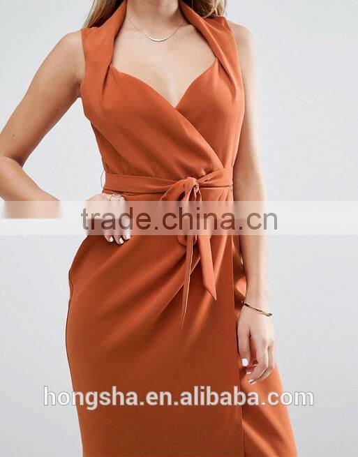Self-tie belt Sweetheart neck Shawl Collar Wrap Dress HSH 6140