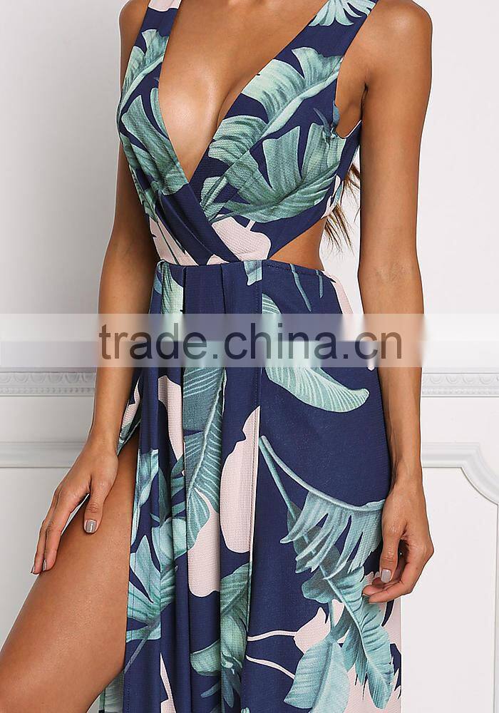 Navy Tie Back Leaf Print Women Maxi Long Party Dress Girls Without Dress Sex Picture HSd5187