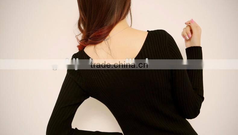 2016 Customized manufactorying korean style long sleeve V neck knitted ladies dress