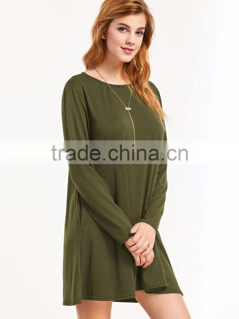 Army Green Colour Long Sleeve Tee Short Dress