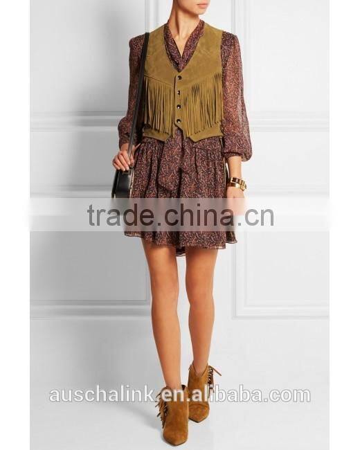 high quality women sweet brown slim fit fringe suede vest