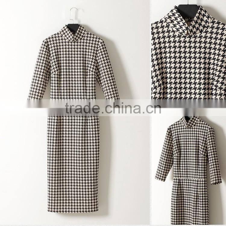 Fashion Design Ladies Houndstooth Dress Slim Fit Stand Collar Bodycon Dress