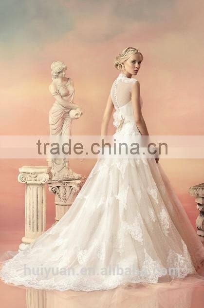 new real lace cap sleeve ball gown high collar wedding dress