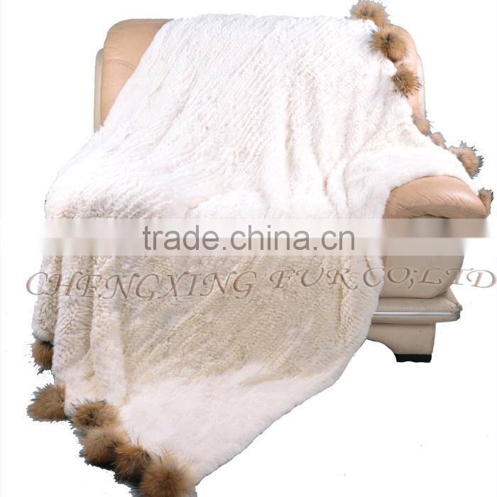 CX-D-108 Hand Knitted Super Cream Real Rex Rabbit Fur Throw Blanket