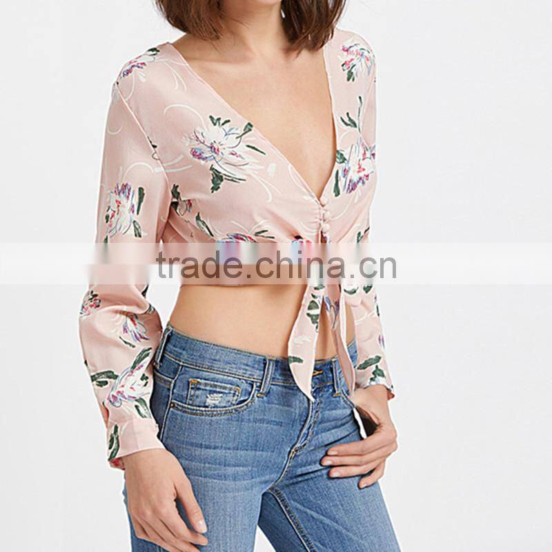 Maxnegio flower print V neck woman blouse ladies crop top
