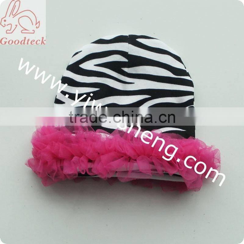 Wholesale hot sale Cotton baby hat,cotton zebra print hat with dark pink ruffle