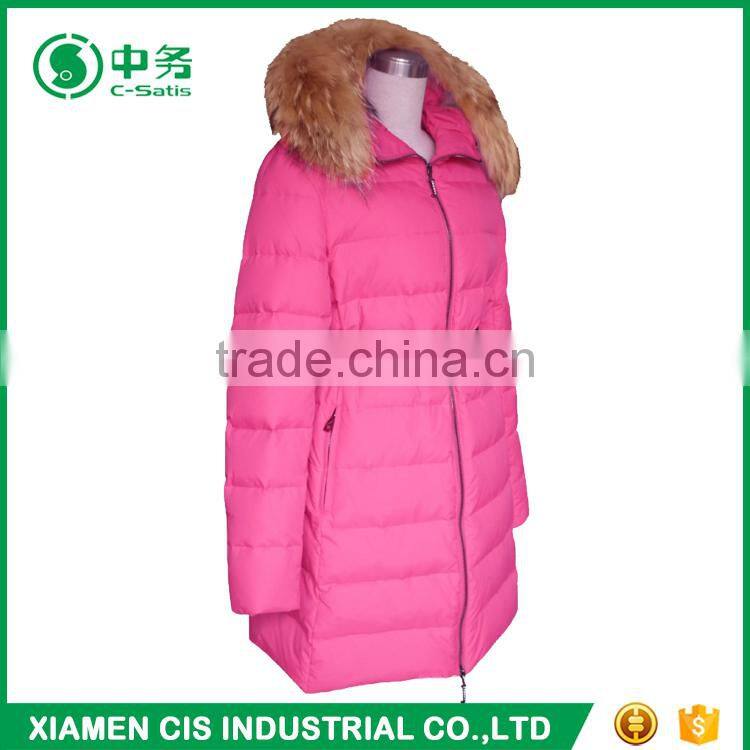 Fashion Style Winter Fur Collar Pink Long Style Duck Down Jacket for Women