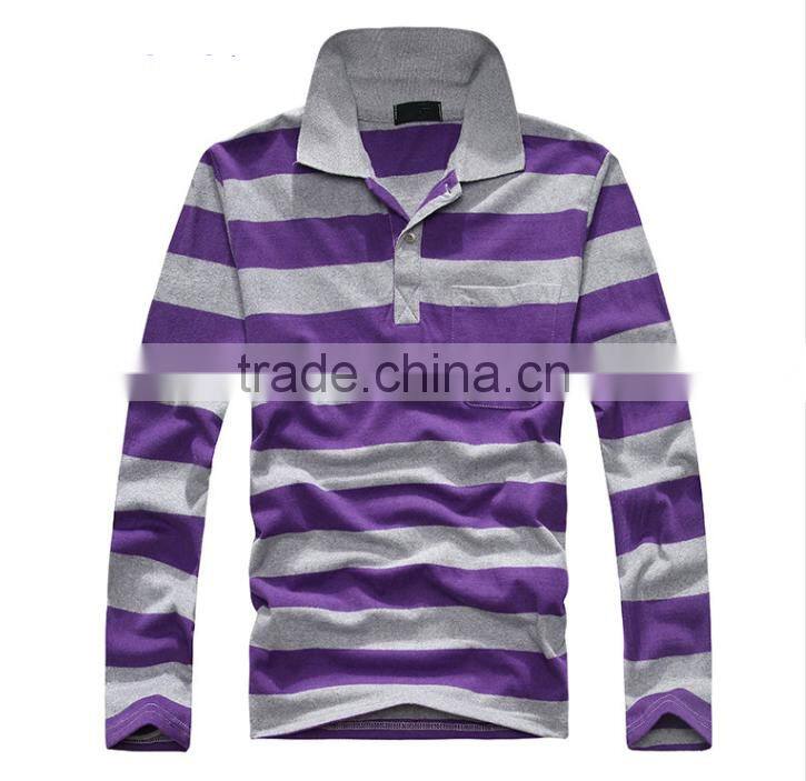 2016 hot sale custom 100% cotton long sleeve mens stripe polo shirts with pocket