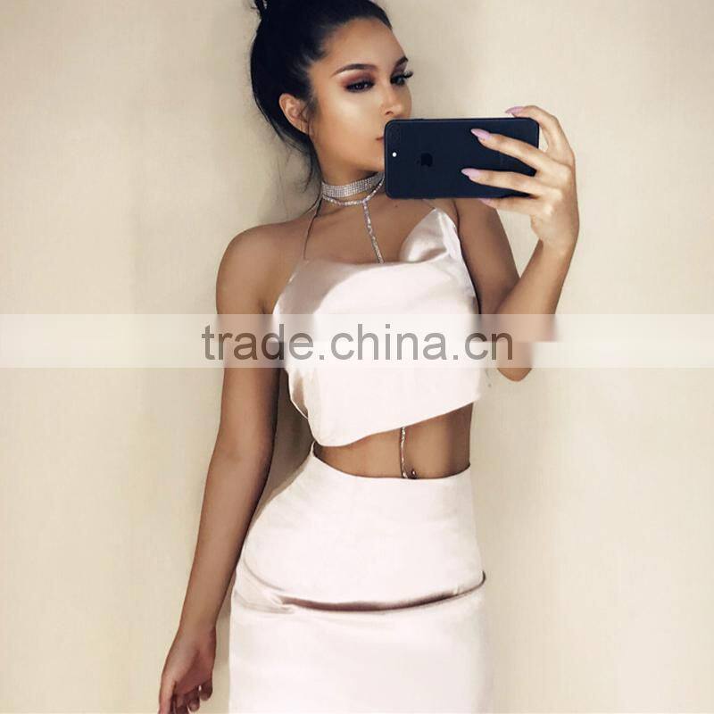 2017 Clothes Women Ladies Sexy Halter Fashion Women Top + Knee Length Satin Skirt