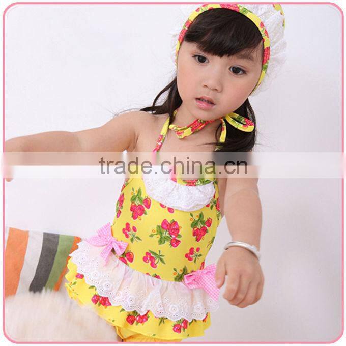 Hot Sale 2016 Girls Bikinis Cherry Printed Baby Kids Lace Toddle Swimwear With Hat Infant Bathing Suits Hot Sellers SR40416-1P