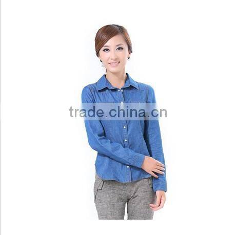 new slim fit long sleeves denim dress shirts for women with two pockets