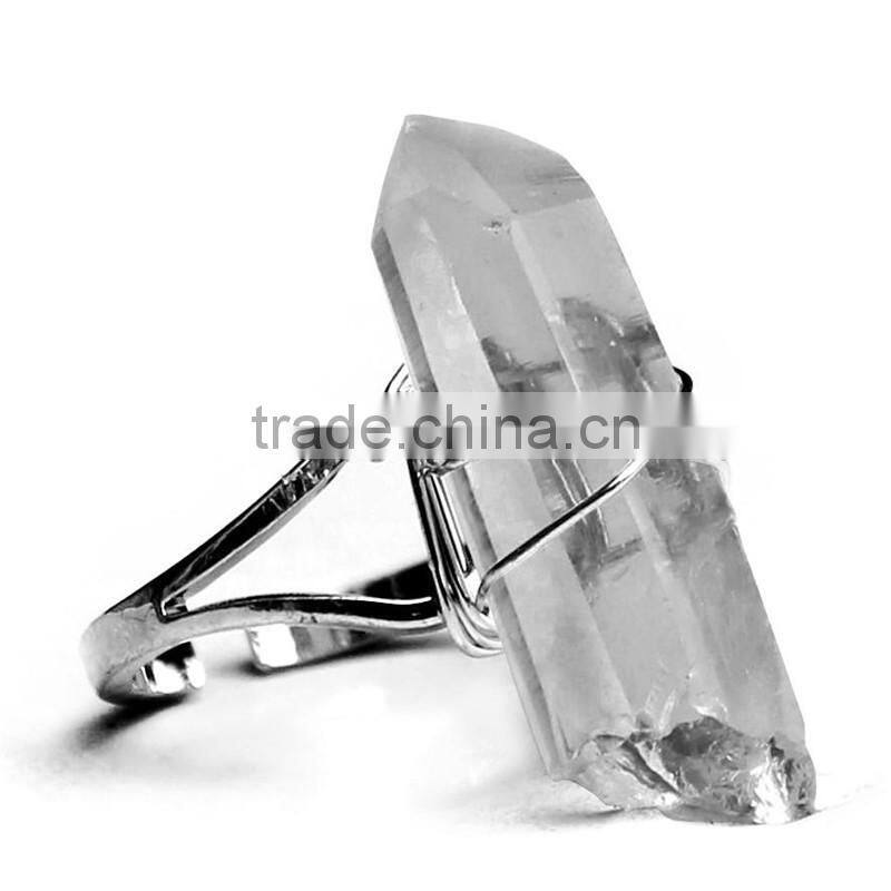 White Crystal Natural Stone Irregular Hexagon Prism Pendant Ring