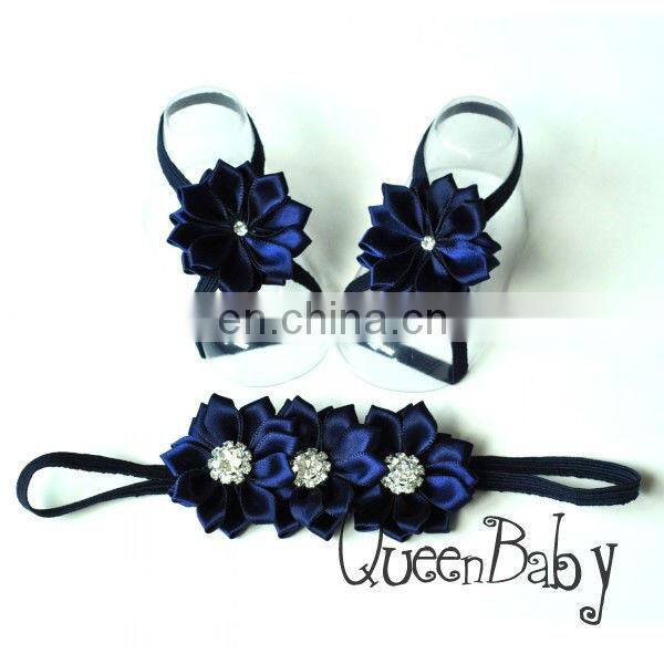 Baby Barefoot Sandals Satin Flower with thin Elastic Matching Headband