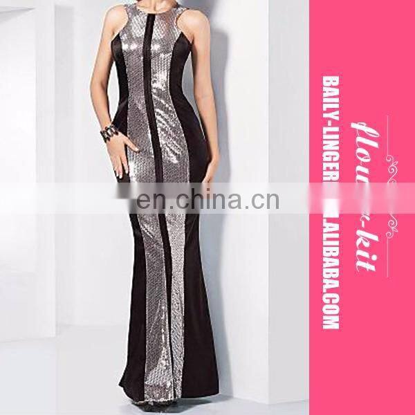 Fashoin Ultra Sexy Elegant Black Silver Sleeveless Nylon Spandex Spaghetti Strap Round Neck Squama Skinny Fashion Dress