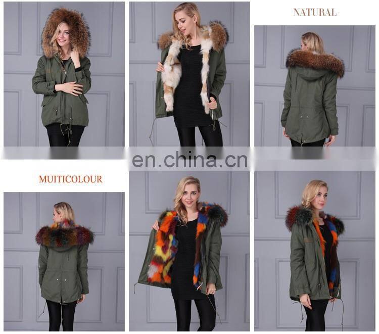 Women hooded pink real fox fur parka with army green shell material