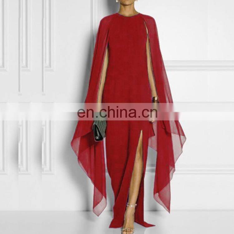 Fashion Chiffon Maxi Dress Solid Round Neck Batwing Sleeve High Slit Prom Dress