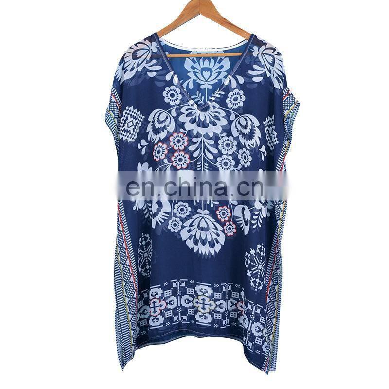 Beach Tunic Navy Blue Vintage Kaftan Beach Bikini Cover Up Chiffon Loose Swimwear Summer Dress Women
