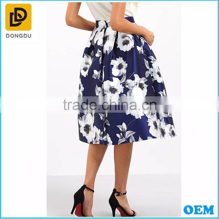 High Fashion Satin Blue Print Umbrella Skirt For Ladies Ballet Tutu High Waist Skirts
