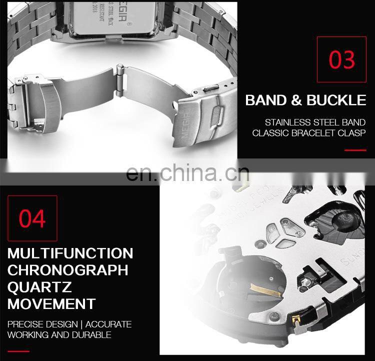 Hight Quality Megir Brand Luxury Men Watch Stainless Steel Square Quartz Watches