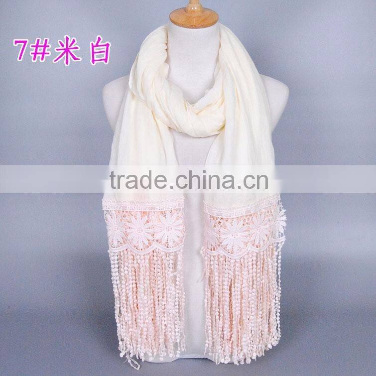 New Design Korea Women Fashion Cotton Plain Lace Scarf