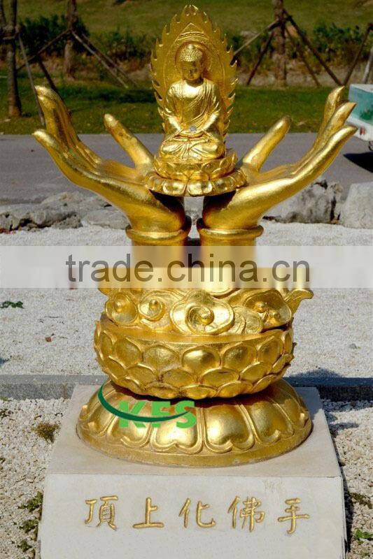 Bronze small Guanyin sitting on palm sculpture