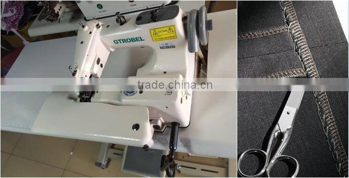 Universal blind stitch sewing machine with skip stitch device and spring-loaded rib shaft for thick fabrics