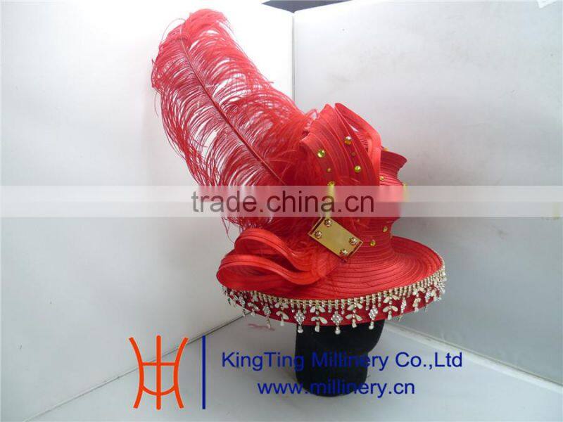 Wholesale Hat Suppliers Red Fancy Church Hat With Big Feather BM-5015