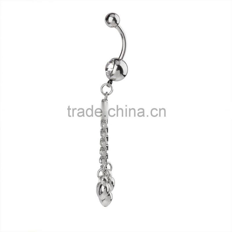 Multi Clear Gems Chains With Iron Heart Drop Dwon Charms Dangle Belly Button Naval Ring.