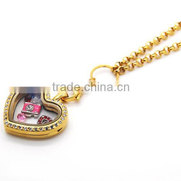 Dongguan manufacturer wholesale heart shaped locket necklace stainless steel floating glass magnetic gold locket jewelry