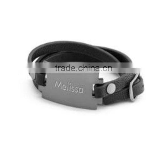 Stainless Steel Brushed Black Leather ID Bracelet