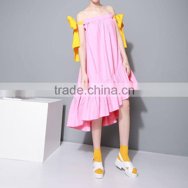 2016 New Multi-wear Big Bow Slash Neck Flouncing Ruffles Hem Strapless Off Shoulder Dress Women Summer