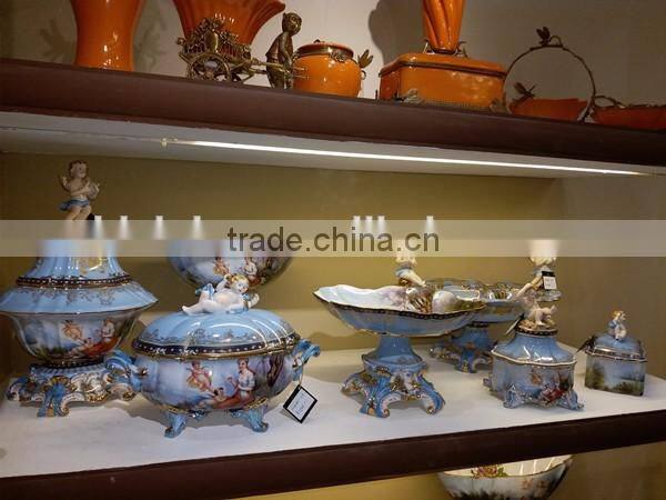 European Character Design Decorative Porcelain Flower Vase With Bronze Side Handles, Enamel Ceramic and Brass Golden Vase