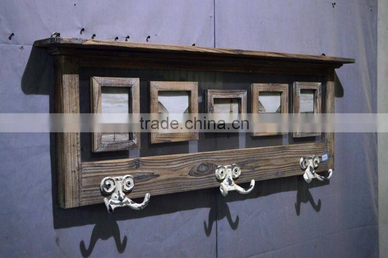 2016 antique wooden wall shelf with photo frame and metal hooks