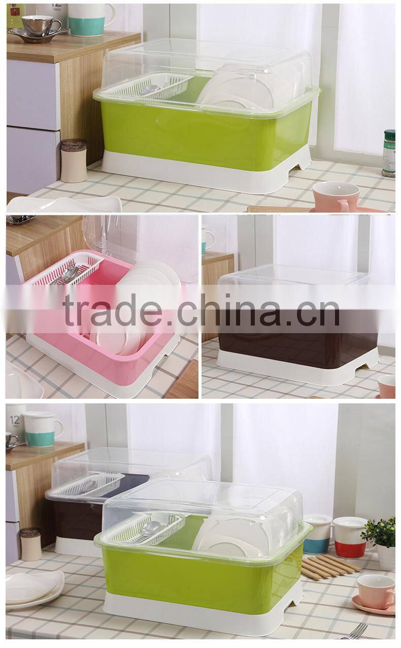 Double-deck plastic kitchen drain rack dishes water lid organizer bowl shelf