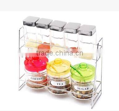 upmarket colorful glass condiment sets with metal stand