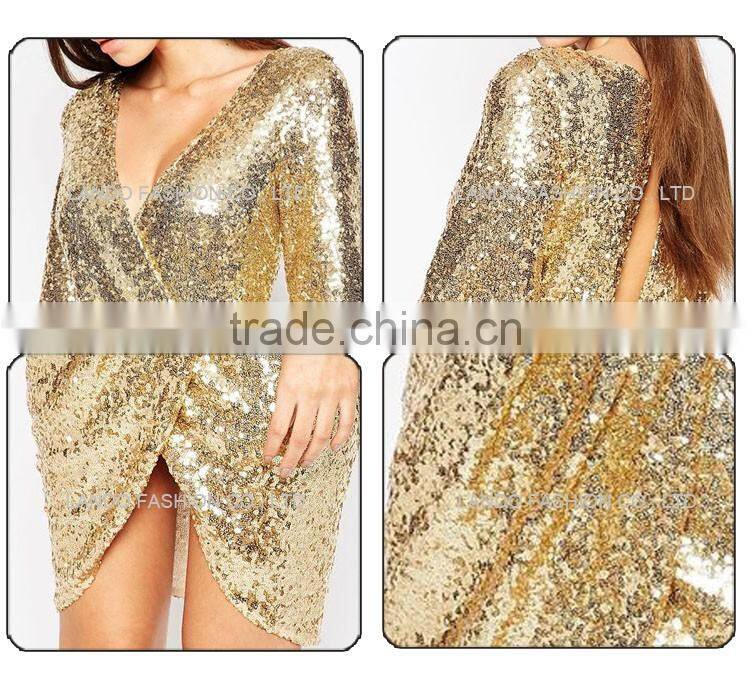 New fashion lady plunge neck gold sequin midi bodycon evening dress