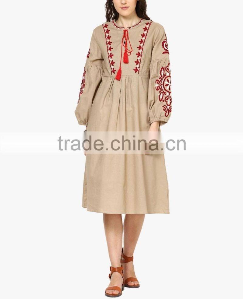 Boho Ukrainian Designs Beige Embroidered Shift Dress Bohemian Clothing Style Long Sleeve Maxi Dress HSd5083