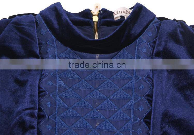 High Quality Sexy Lady Long Lace Sleeve Velvet Embroidered Dress