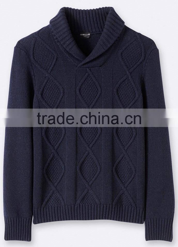 High Quality Wholesale knitwear Men's shawl collar cable sweater navy (BKNM15)