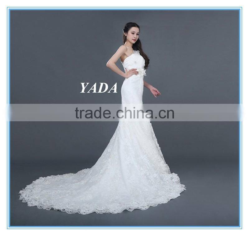 New Arrival One Shoulder Lace Hand Rosa Appliques Beaded Wedding Dresses Mermaid