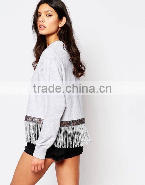 New design ladies vintage fringing crewneck cropped sweatshirt