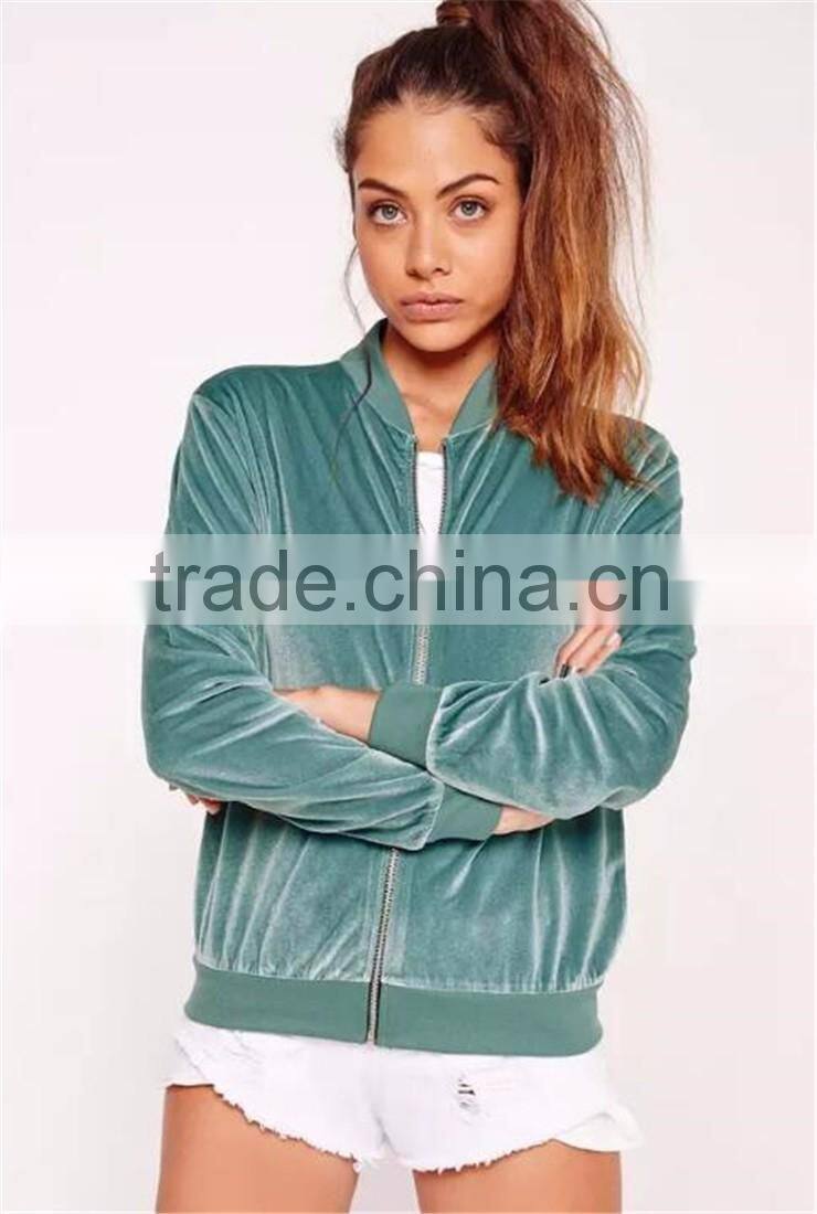 Women Velvet Bomber Jacket Green Ribbed Trim Zip Up Coat With Side Pockets With Custom Tag And Label
