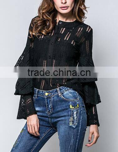 Runwaylover 121 2017 Ladies Sexy Flare Sleeve Lace Transparent Blouse