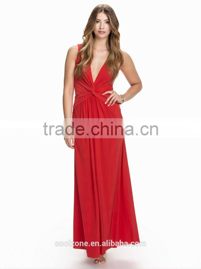 Sexy deep V neck knot front evening gown ladies long evening party wear gown