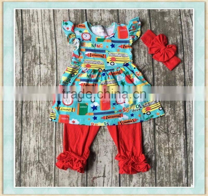 Yi wu New arrival embroidery clothing 2017 wholesale girl boutique outfit new arrival back to school sets photo design