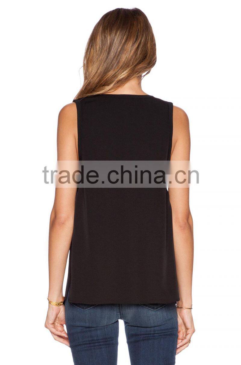 contrast elasticized trim cut-out sides silk tank tops